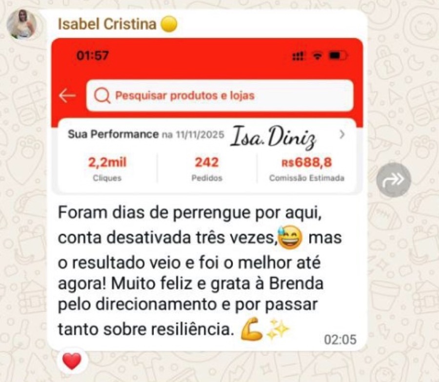 Afiliada Shopee mostrando vendas e comissão de R$688