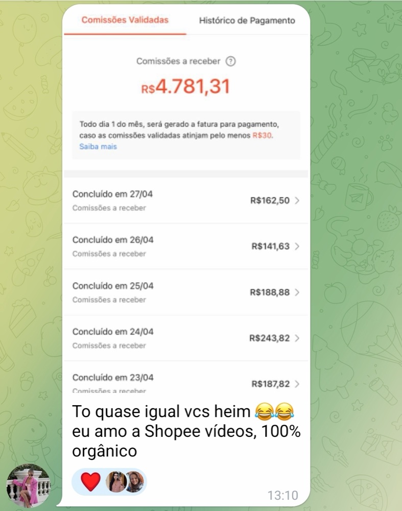 Comissões a receber de R$4.781 na Shopee
